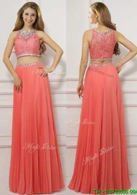 Two Piece Scoop Empire Beaded Evening Dress in Watermelon Red
