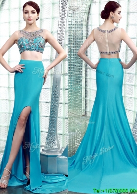 Two Piece Scoop Beaded High Slit Evening Dress with Brush Train