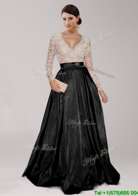 Luxurious Deep V Neckline Long Sleeves Black Evening Dress with Beading and Belt