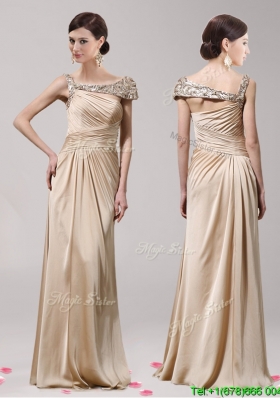 New Style Asymmetrical Neckline Champagne Evening Dress with Beading