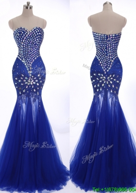 Elegant Mermaid Beading Brush Train Prom Dress in Royal Blue