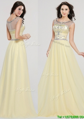See Through Scoop Beaded Chiffon Prom Dress in Light Yellow