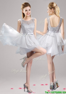 See Through Scoop Grey Short Prom Dress with Lace and Bowknot