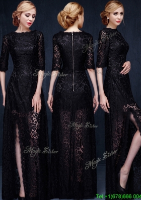 Sexy Scoop Half Sleeves High Slit Black Prom Dress with Lace