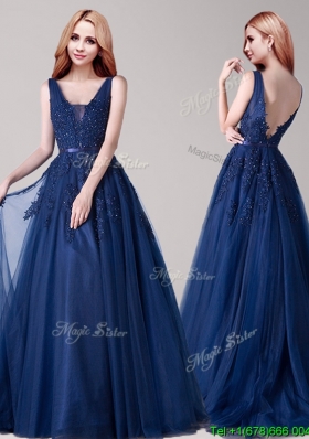 Inexpensive V Neck Applique and Belted Prom Dress in Navy Blue