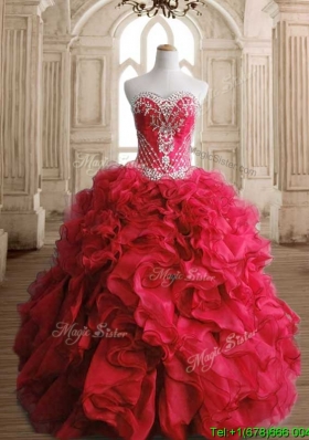 Luxurious Red Big Puffy Sweet 16 Dress with Beading and Ruffles