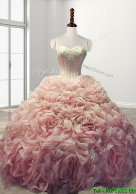 Beautiful Rolling Flowers Baby Pink Sweet 16 Dress with Beading