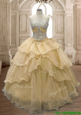 Exquisite Beaded and Ruffled Organza Sweet 16 Dress in Champagne