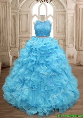 Two Piece Scoop Beaded and Ruffles Quinceanera Dress in Baby Blue