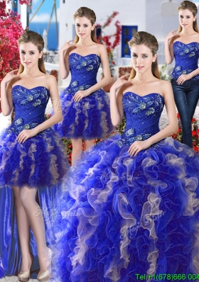 Elegant Royal Blue and Champagne Detachable Sweet 16 Dresses with Appliques and Ruffles