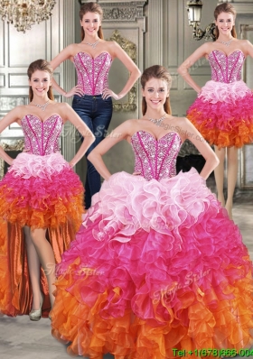 Visible Boning Beaded Bodice and Ruffled Detachable Quinceanera Dresses in Rainbow