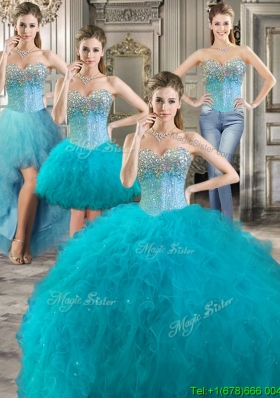 Modern Beaded Bodice and Ruffled Detachable Quinceanera Dresses in Teal