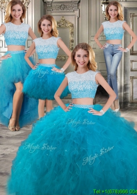 Modest Scoop Cap Sleeves Teal Detachable Sweet 16 Dresses with Beading and Ruffles