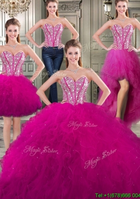 Discount Tulle Fuchsia Detachable Sweet 16 Dresses with Beading and Ruffles