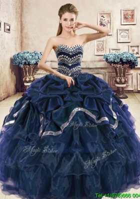 Modest Navy Blue Organza Quinceanera Dress with Beading and Pick Ups