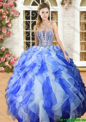 New Royal Blue and White Quinceanera Dress with Beading and Ruffles