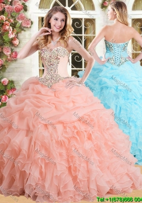 Modest Big Puffy Peach Quinceanera Dress with Appliques and Ruffles