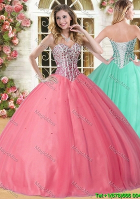 Lovely Beaded Coral Red Sweet 16 Dress in Tulle for Spring