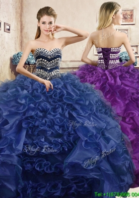 Affordable Beaded and Ruffled Organza Quinceanera Dress in Navy Blue