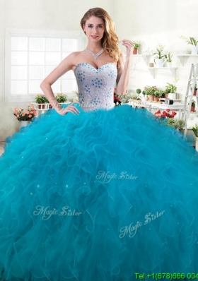 Inexpensive Beaded and Ruffled Big Puffy Quinceanera Dress in Teal