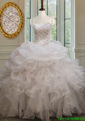 Cheap Beaded Ruffled and Bubble White Quinceanera Dress in Organza