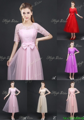 Popular Tea Length Dama Dress with Lace Half Sleeves and Bowknot