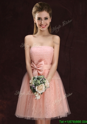 Romantic Strapless Bowknot Pink Prom Dress in Lace and Tulle
