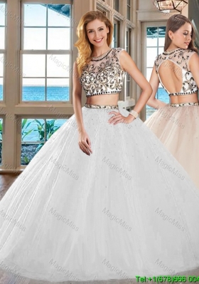Discount Big Puffy Two Piece Tulle White Quinceanera Dress with Open Back