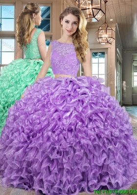 Hot Sale Two Piece Laced Floor Length Lavender Quinceanera Dress in Organza