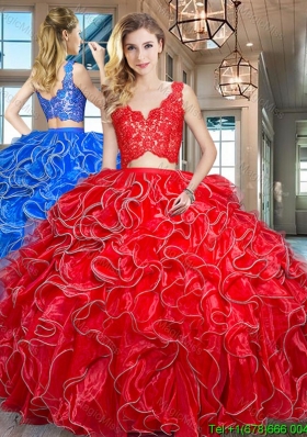 Latest Two Piece Ruffled and Laced Bodice Red Quinceanera Dress in Organza