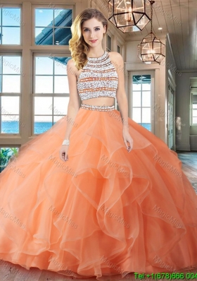 Affordable Beaded Bodice and Ruffled Orange Quinceanera Dress with Brush Train