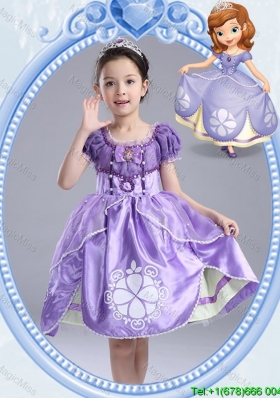 Halloween Fashionable Short Sleeves Lavender Little Girl Pageant Dress with Pattern and Bowknot