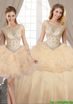 Gorgeous Ruffled and Beaded Champagne Removable Quinceanera Dresses in Organza and Tulle