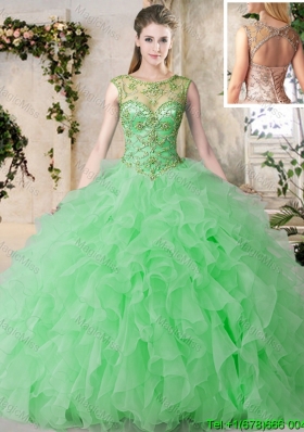 Best Selling Scoop Beaded and Ruffled Green Quinceanera Dress in Organza