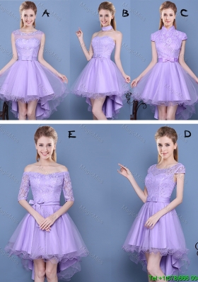 Cheap Laced and Bowknot High Low Lavender Bridesmaid Dress in Tulle and Taffeta