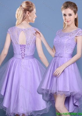 Luxurious See Through Short Sleeves Laced Bodice Bridesmaid Dress in High Low