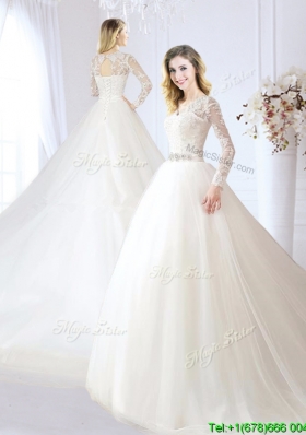Pretty V Neck Beaded and Laced Wedding Dress with Chapel Train