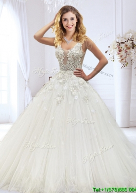 Gorgeous See Through Scoop Wedding Dress with Lace and Beading