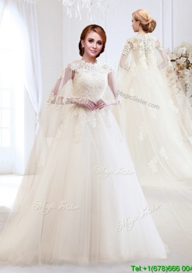 Beautiful A Line Brush Train Wedding Dress with Appliques for 2016