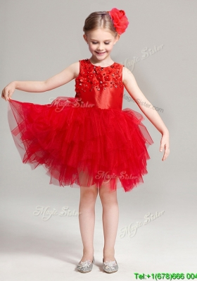 2017 Luxurious Scoop Red Flower Girl Dress with Appliques and Ruffles