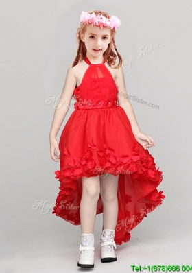Exquisite Halter Top High Low Applique Flower Girl Dress in Red