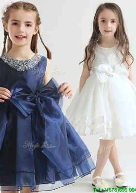 2017 New Scoop Beaded Top and Bowknot Flower Girl Dress in Organza