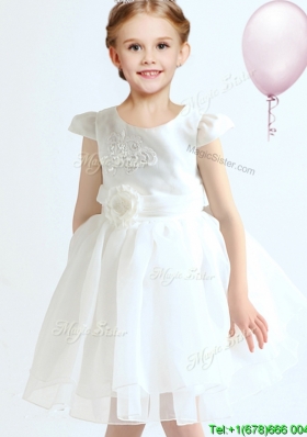 Best Organza Cap Sleeves White Flower Girl Dress with Applique and Bowknot