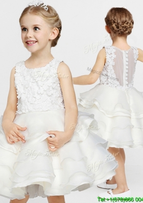 Discount Button Up Flower Girl Dress with Appliques and Ruffled Layers