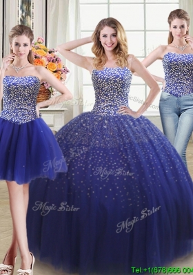 Discount Puffy Beaded Bodice Royal Blue Detachable Quinceanera Dress in Tulle