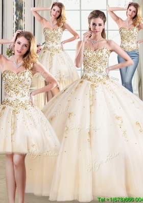Popular Puffy Skirt Tulle Beaded Detachable Quinceanera Dress in Champagne