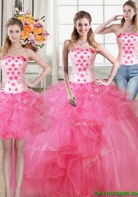Pretty Puffy Strapless Hot Pink Detachable Quinceanera Dress with Appliques and Ruffles