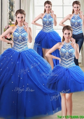 Unique Puffy Halter Top Tulle Beaded Decorated Detachable Quinceanera Dress in Royal Blue