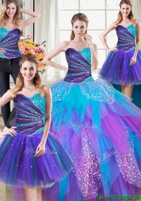 Three for One Puffy Tulle Beaded and Ruffled Detachable Quinceanera Dress in Rainbow Color