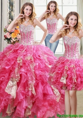 Pretty Visible Boning Organza and Sequins Ruffled Detachable Quinceanera Dress in Hot Pink